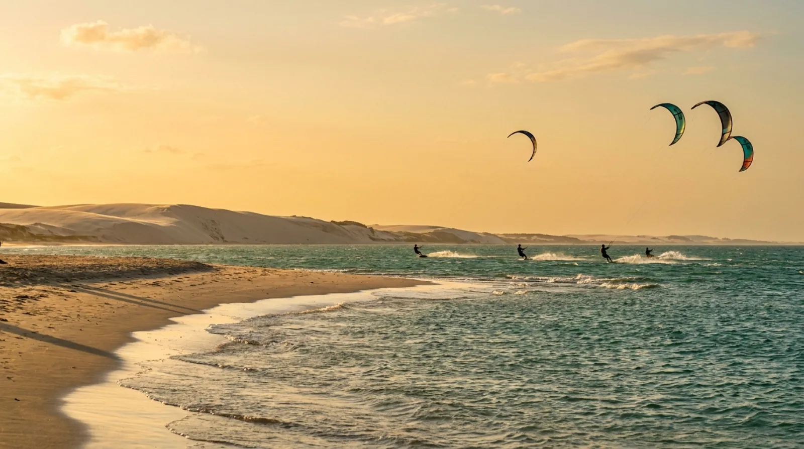Quatro kitesurfistas velejando no fim de tarde na Praia do Preá, com as dunas ao fundo e o mar dourado pelo sol baixo