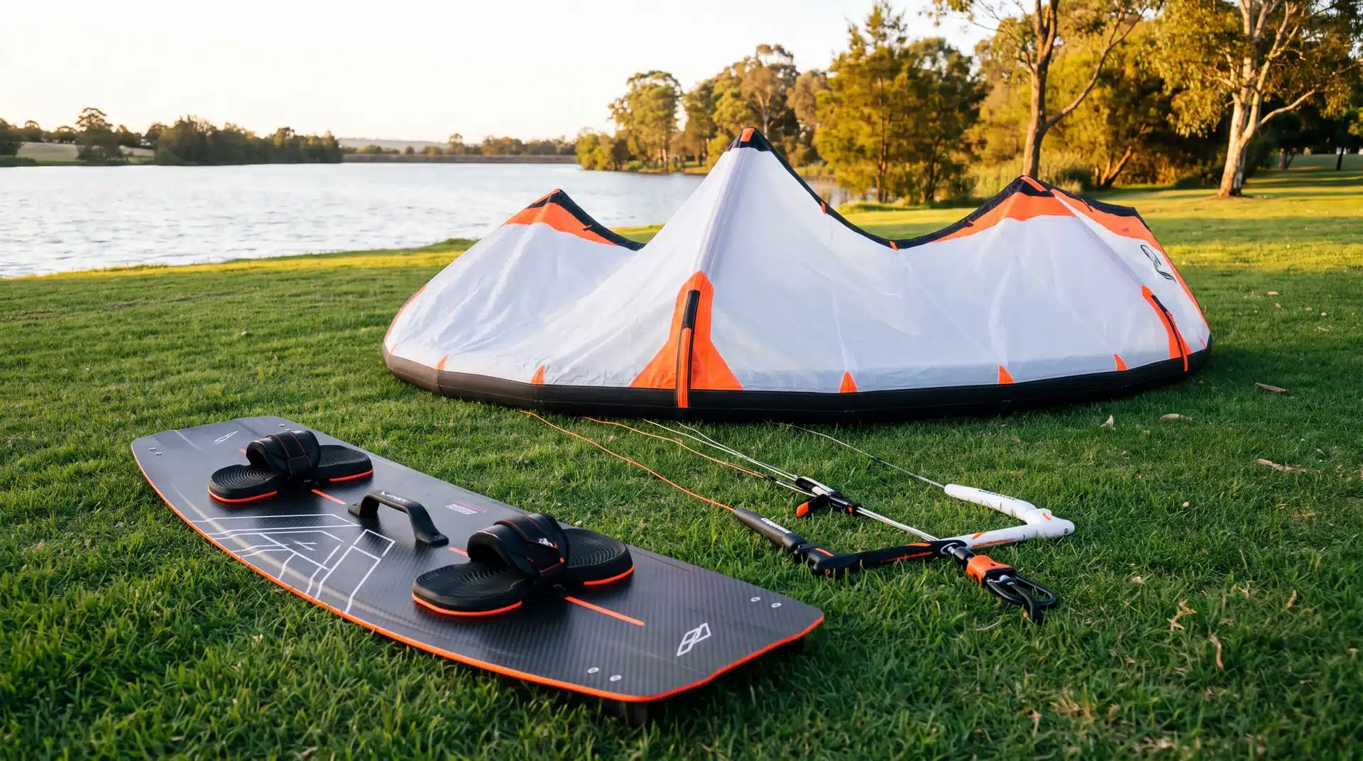 Kite inflado, barra e prancha de kitesurf montados na grama à beira de um lago