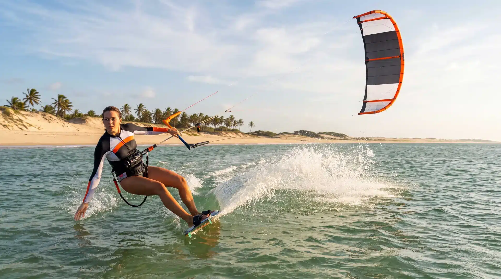 Velejadora de kitesurf cortando a água rasa no litoral do Nordeste, com dunas e coqueiros ao fundo