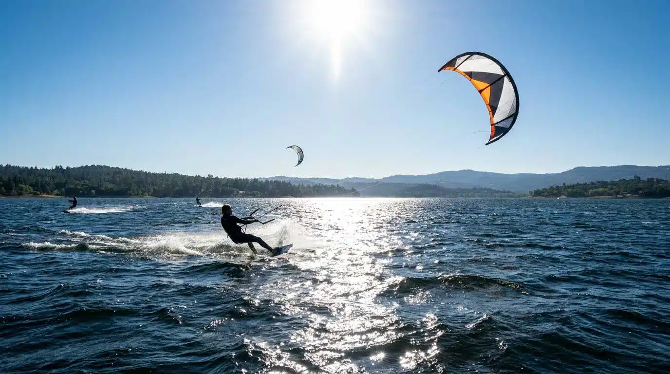 Kitesurfista velejando em represa de água doce num dia de sol, com mata e montanhas ao fundo