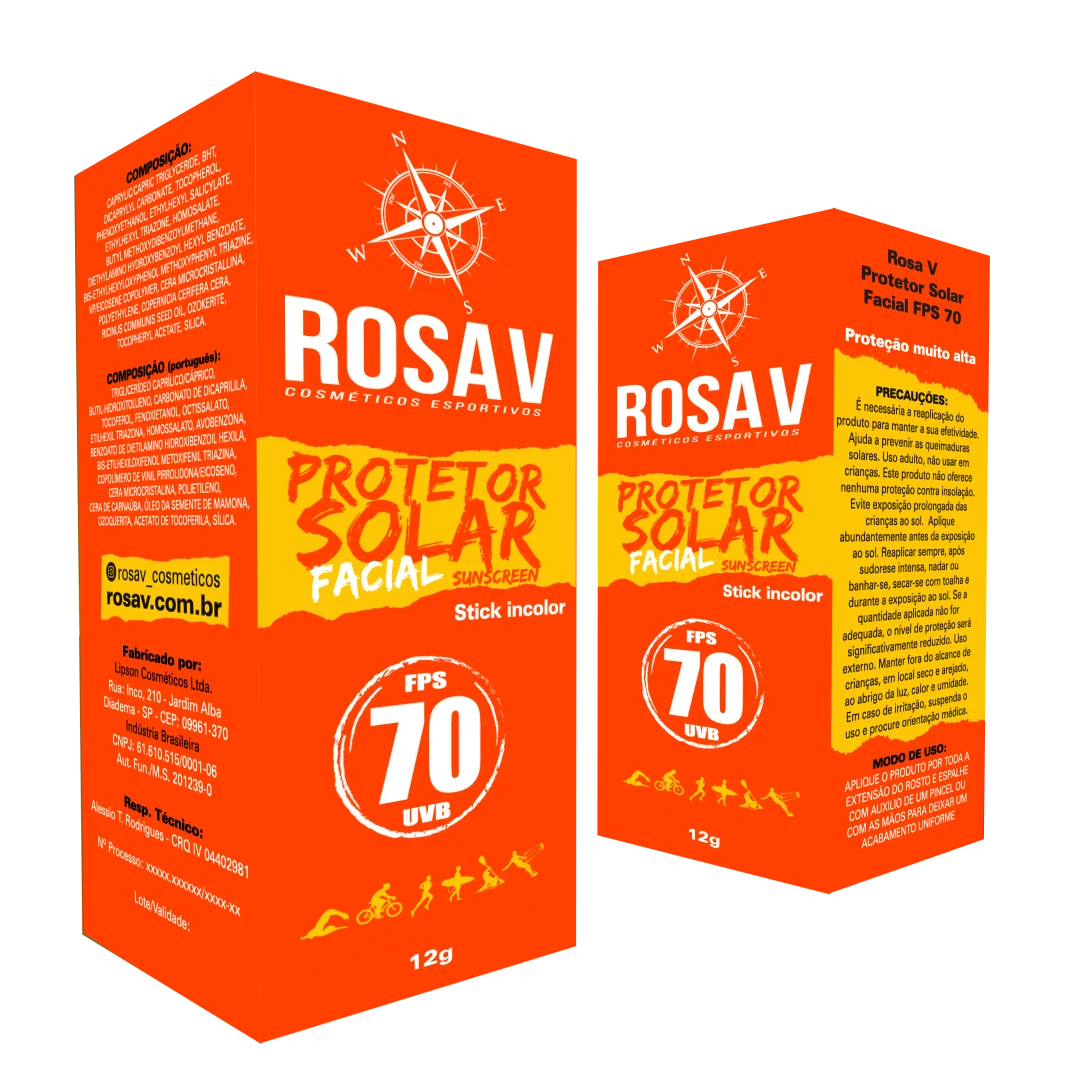 Caixa laranja do Protetor Solar Facial Rosa V FPS 70 em stick incolor de 12g, vista de frente e de lado