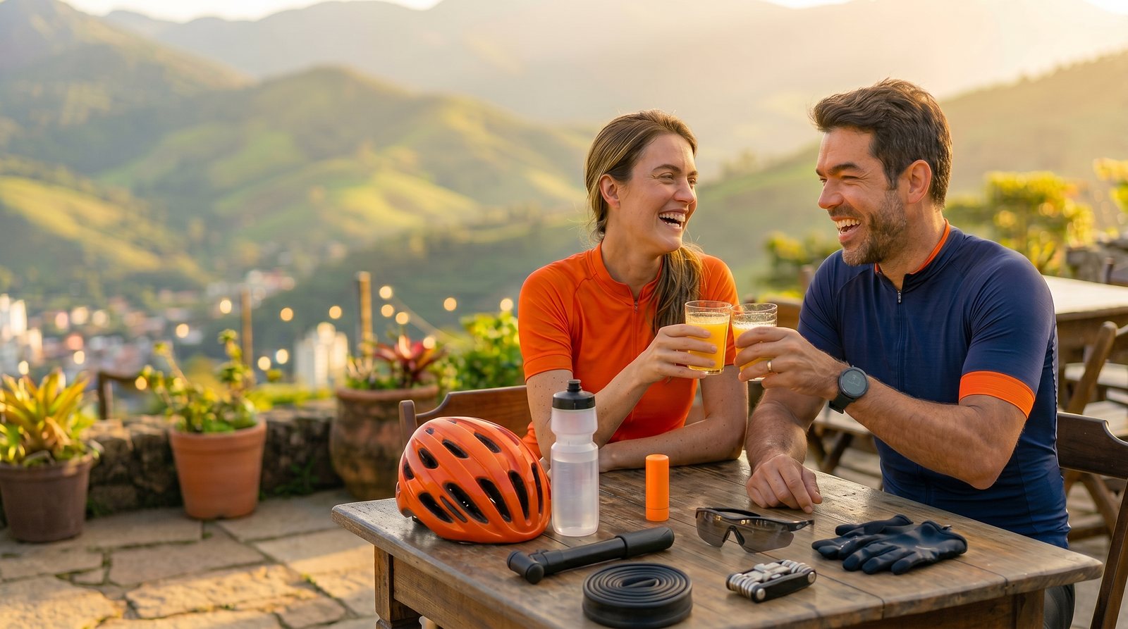 Ciclistas comemorando a chegada do pedal, inteiros e prontos pro próximo