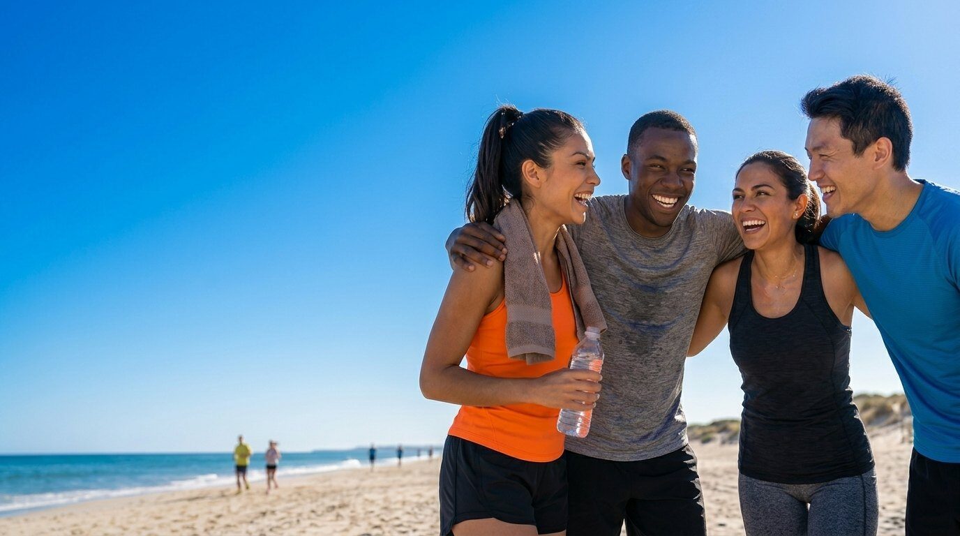 Corredora comemorando com amigos no fim da prova