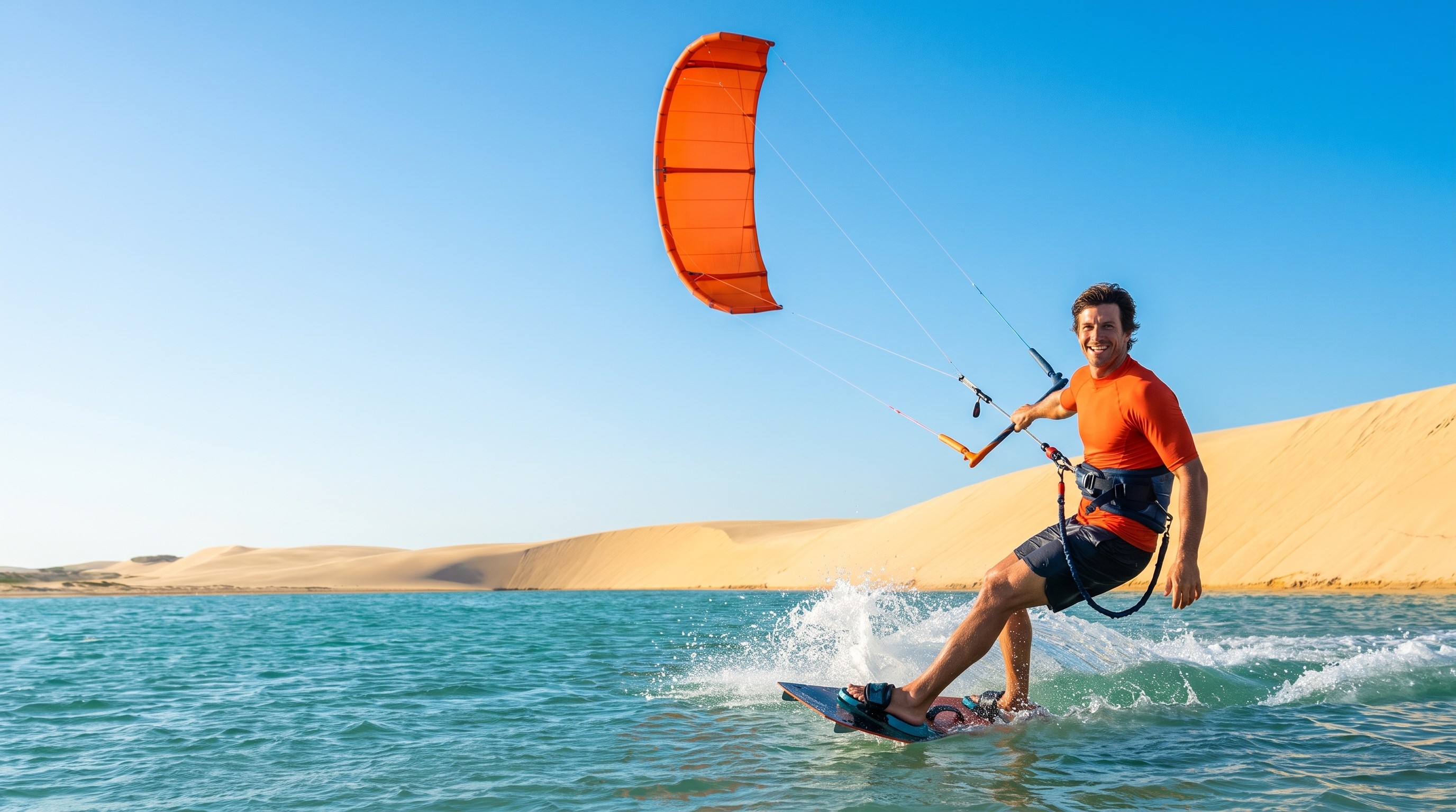 Kitesurfista velejando ao sol pleno