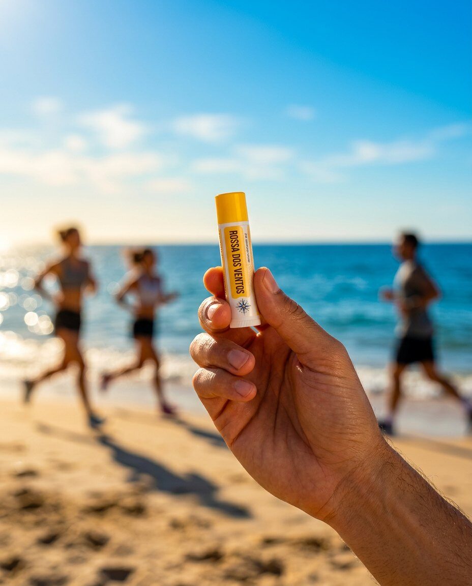 Lip Balm FPS 15 Rosa V na mão, com a praia e corredores ao fundo