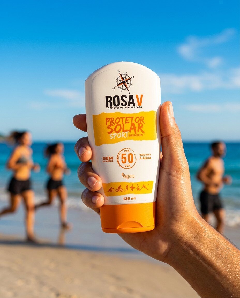 Protetor Solar Sport Rosa V FPS50 na mão, com a praia ao fundo